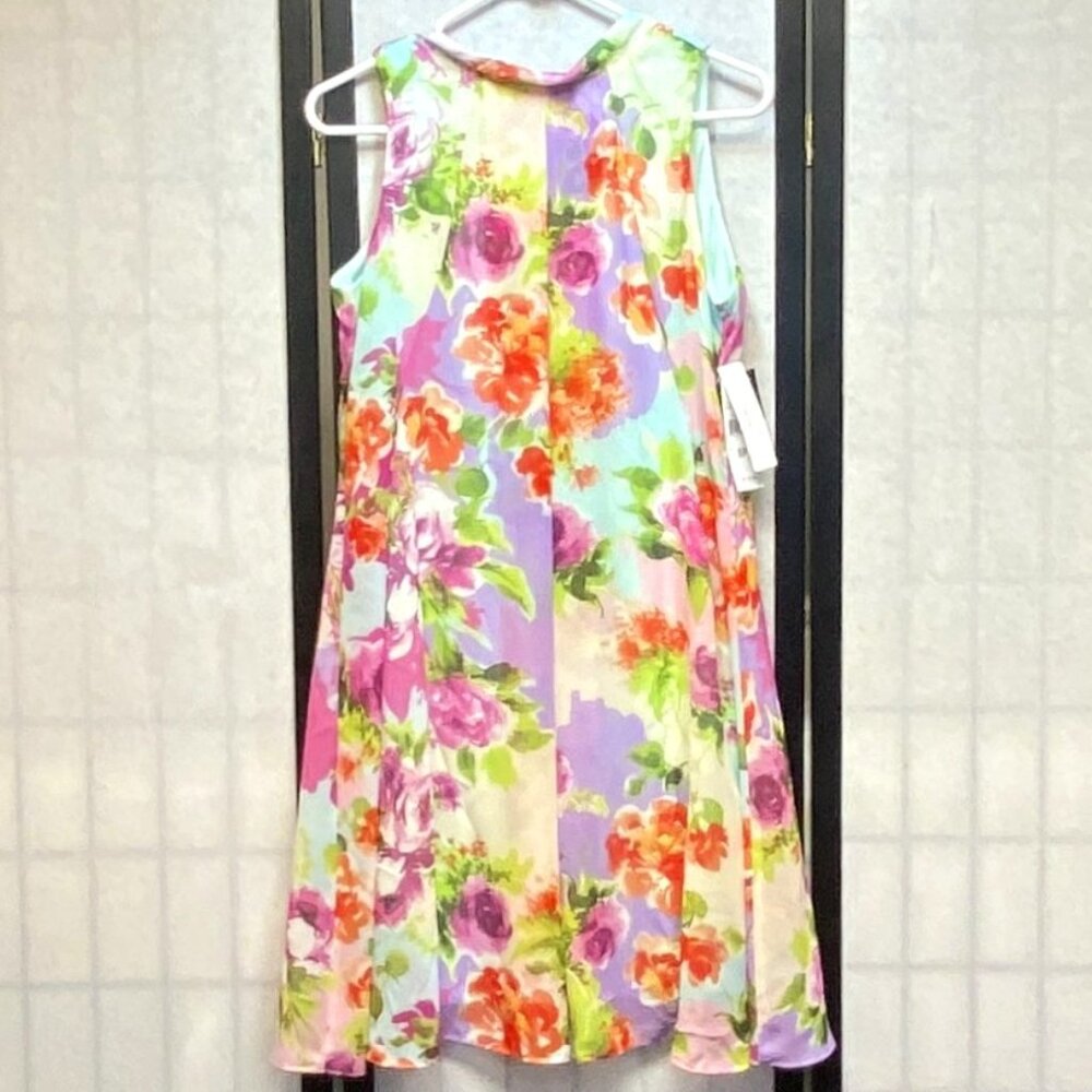 Signature Robbie Bee Floral Pleat Tie Neck Swing Dress Lined Sleeveless 8P NWT
